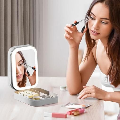 White Leather Make Up Box with LED Mirror